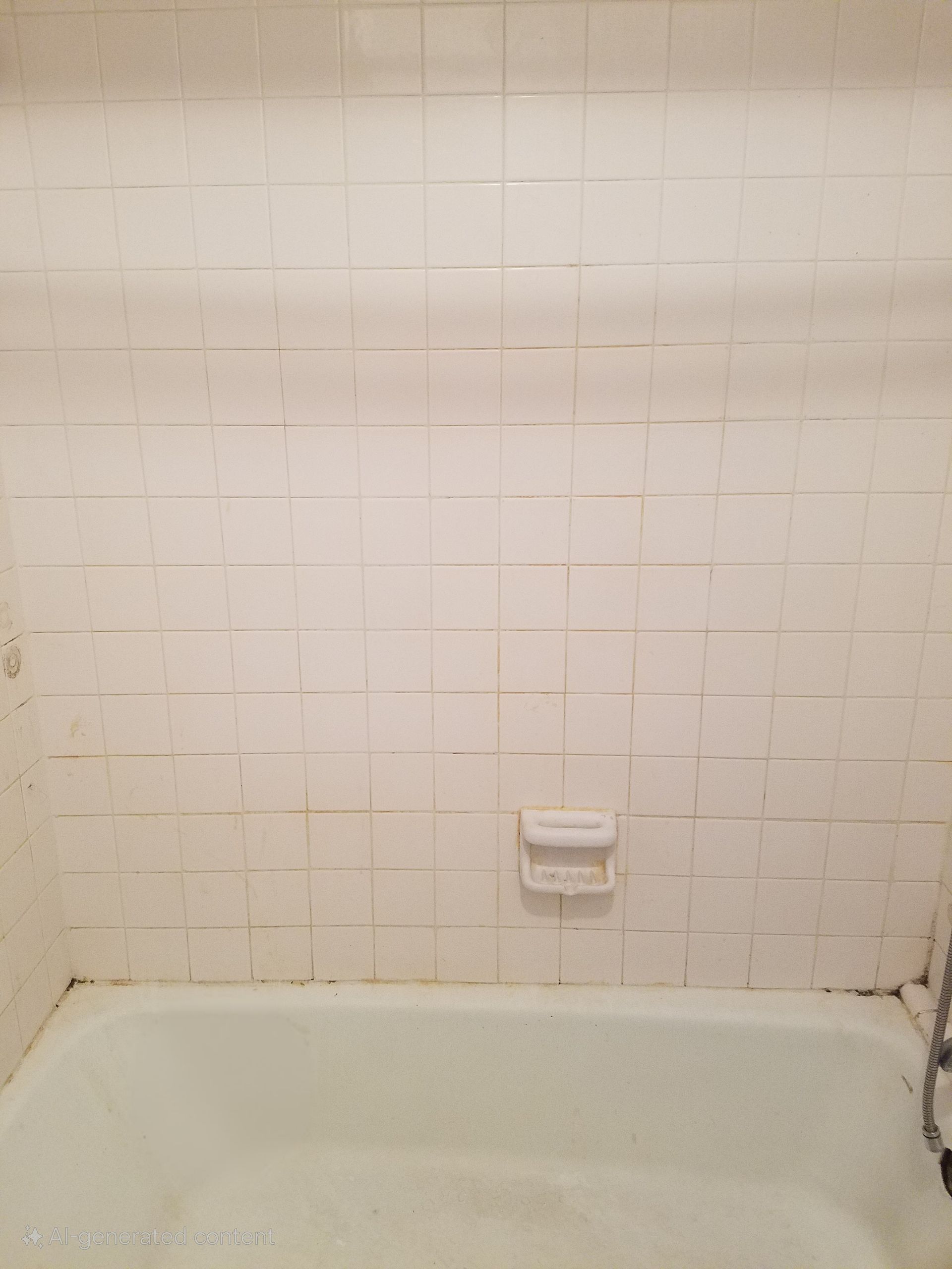 A bathtub in a bathroom with white tiles on the wall.