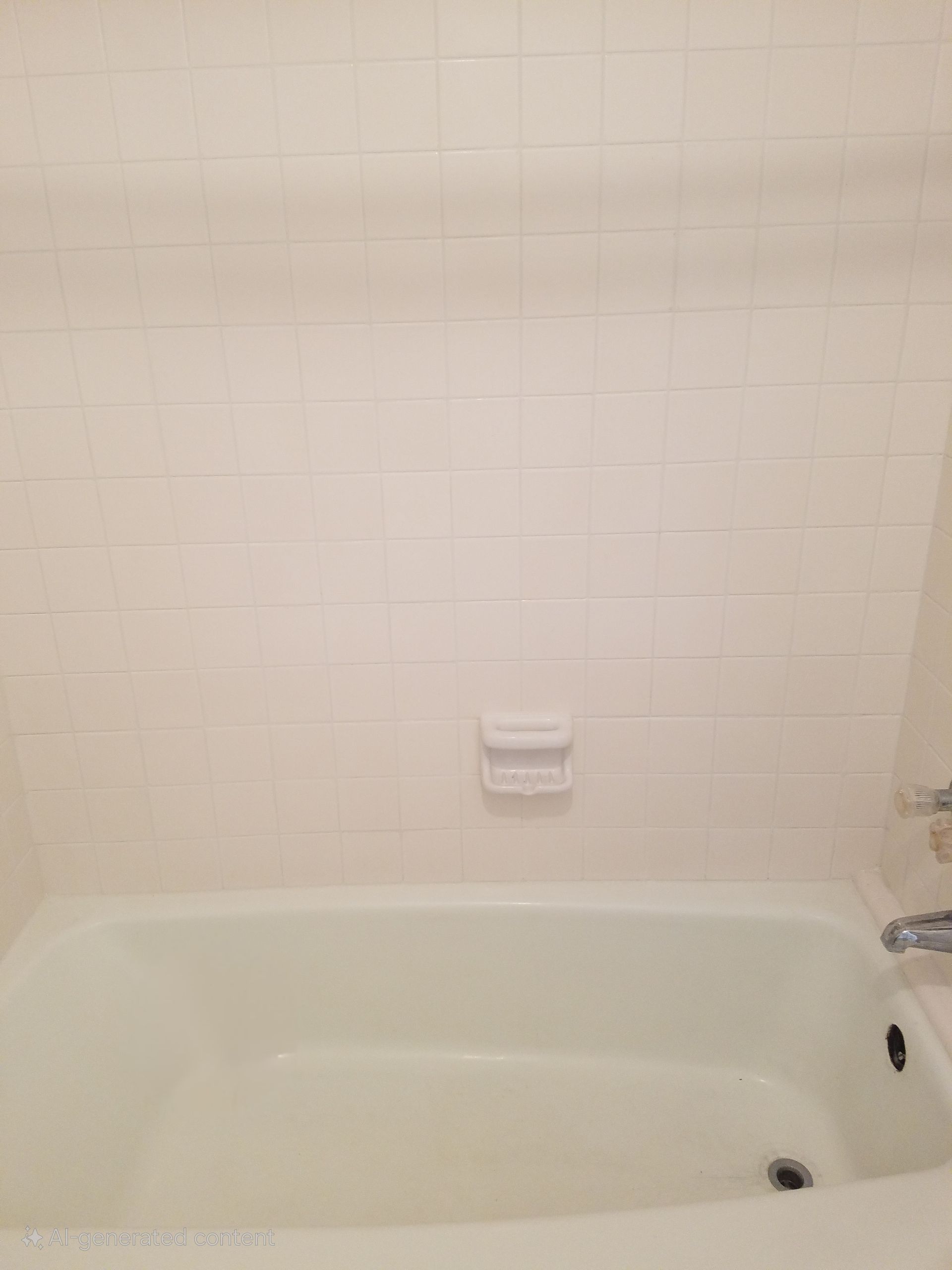 A bathtub in a bathroom with white tile walls.