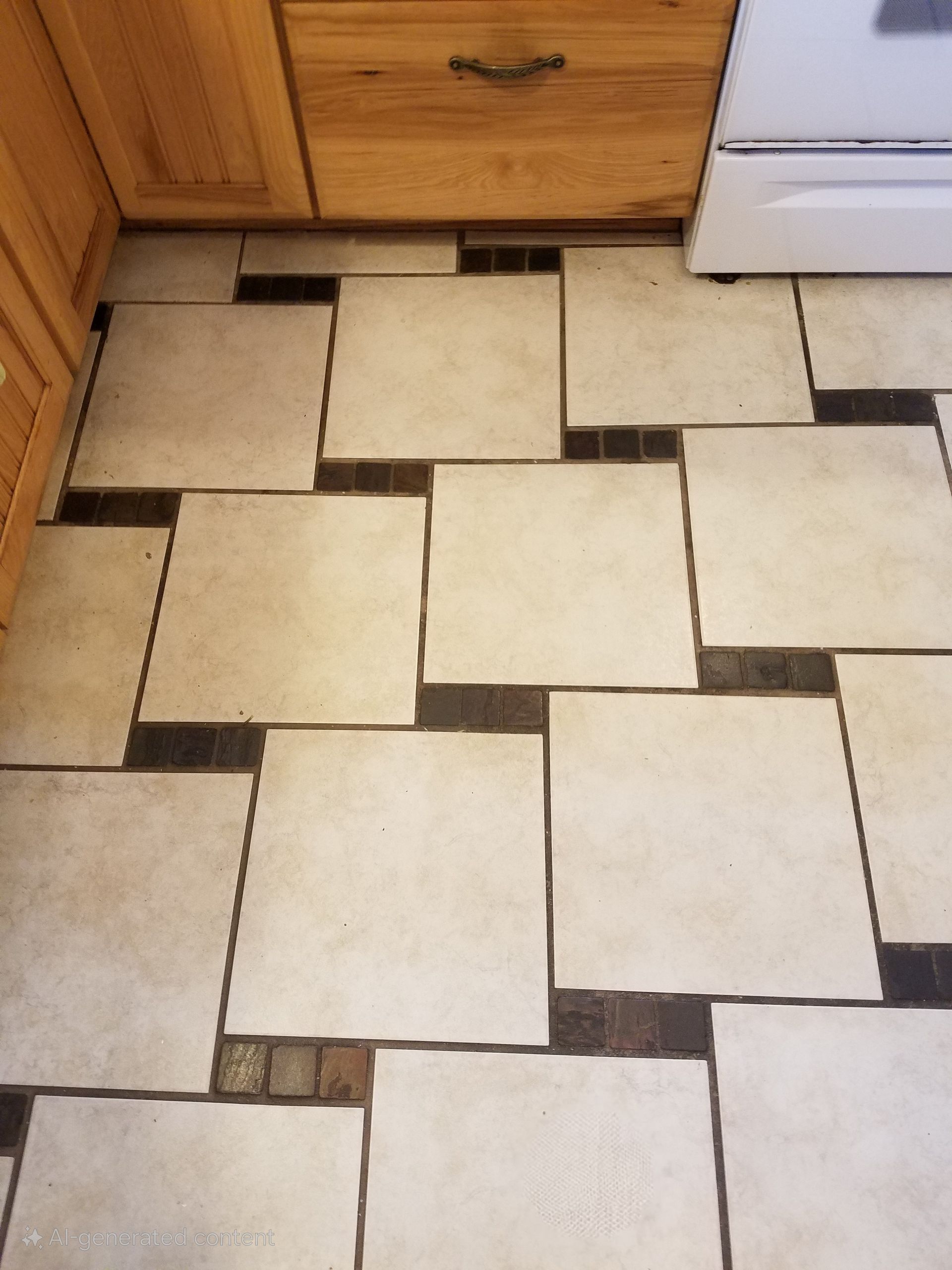 A kitchen floor with white tiles and black stripes