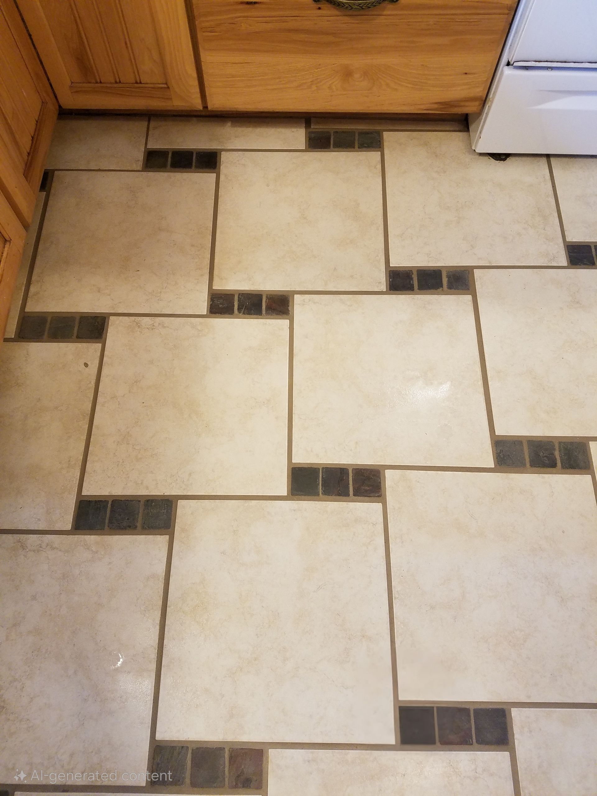 A close up of a tiled floor in a kitchen.