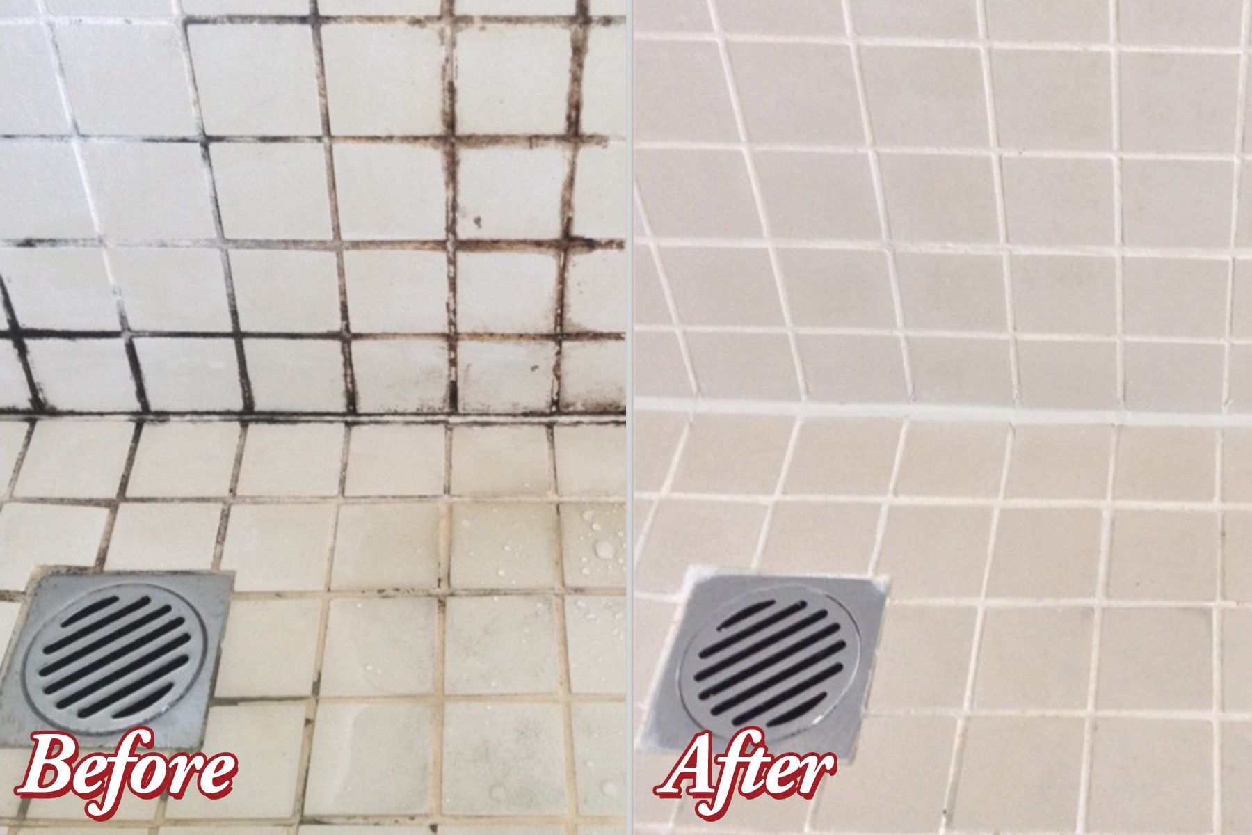 Close-up of cracked grout lines in a shower corner showing signs of moisture damage and tile separation