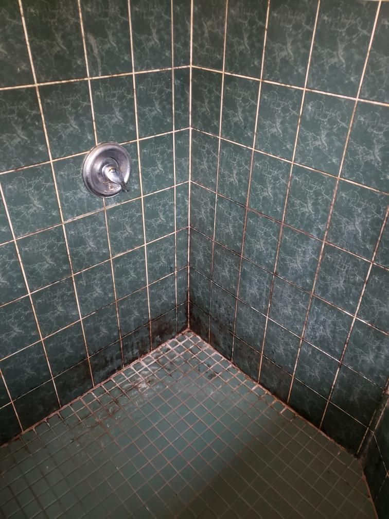 A shower stall with green tiles and a shower head.