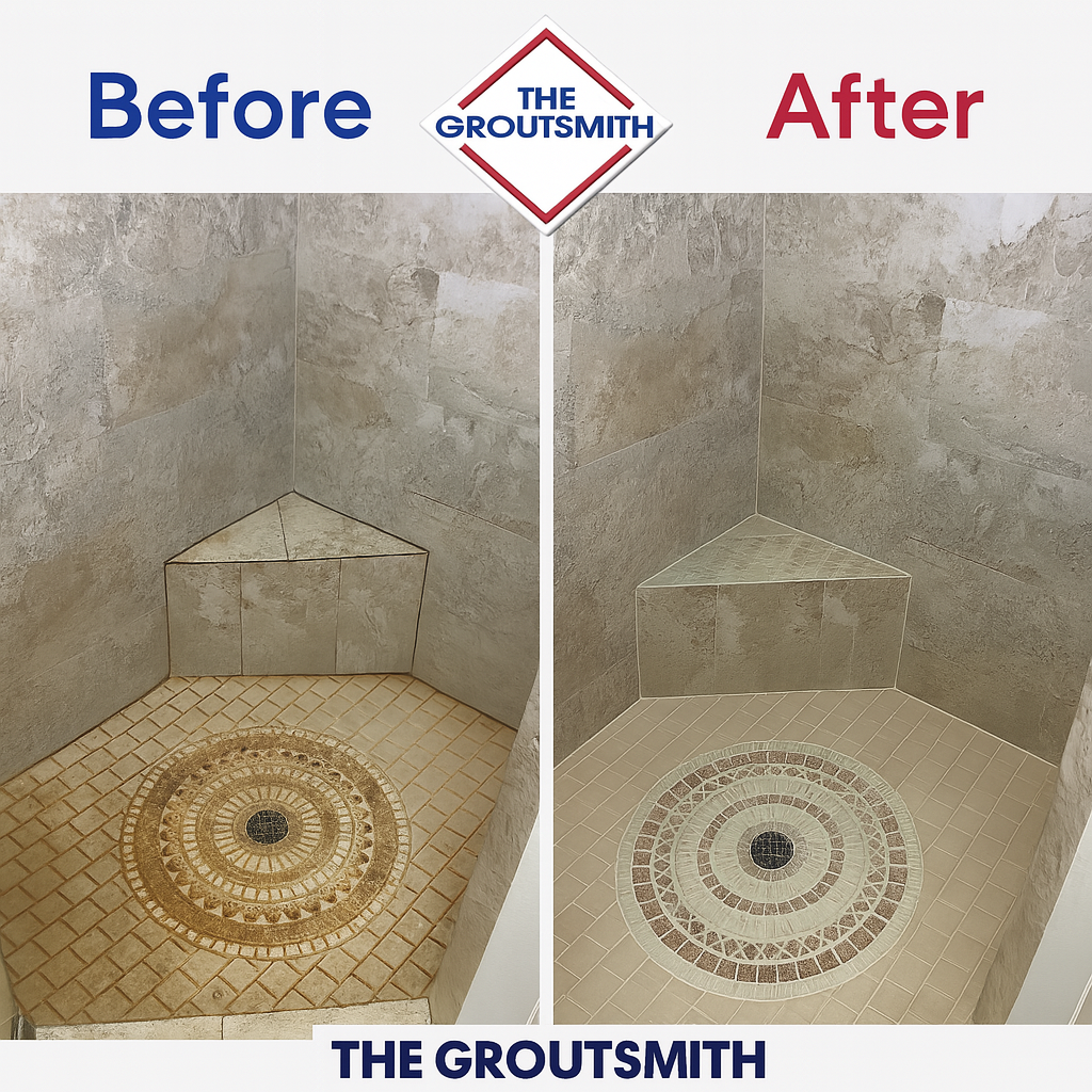 Side-by-side comparison of a restored shower with clean grout and a damaged shower with cracked tiles and mold