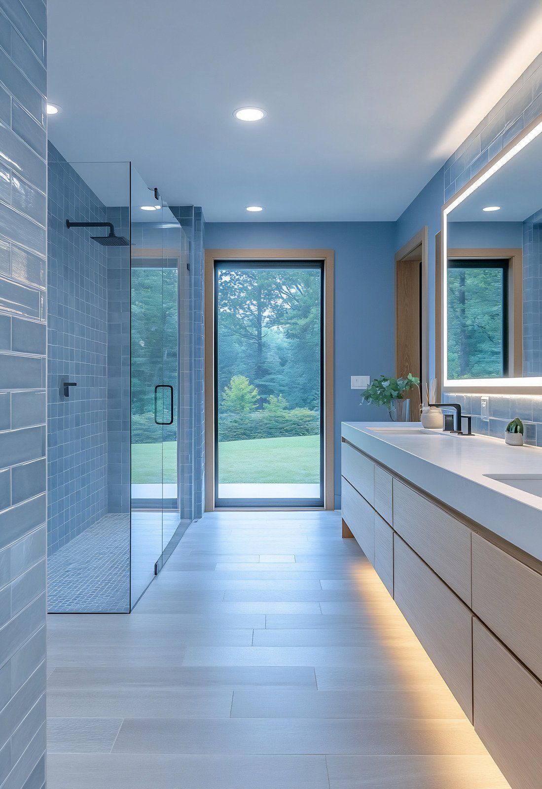 A bathroom with two sinks , a walk in shower , and a mirror.