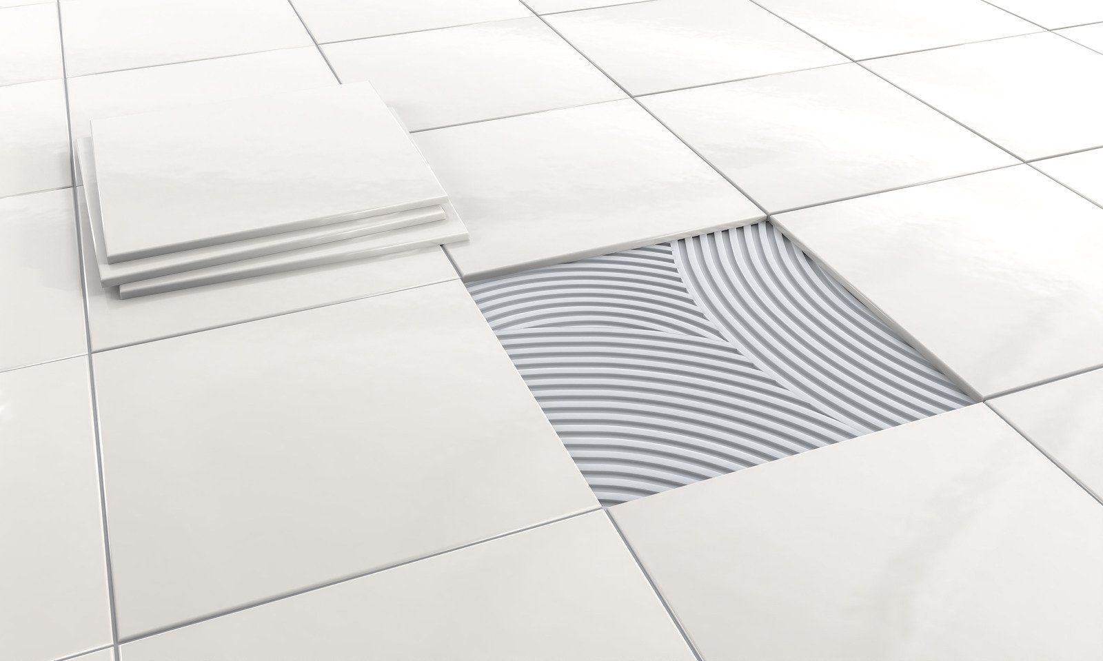 A tile floor with a hole in it and a stack of tiles on top of it.