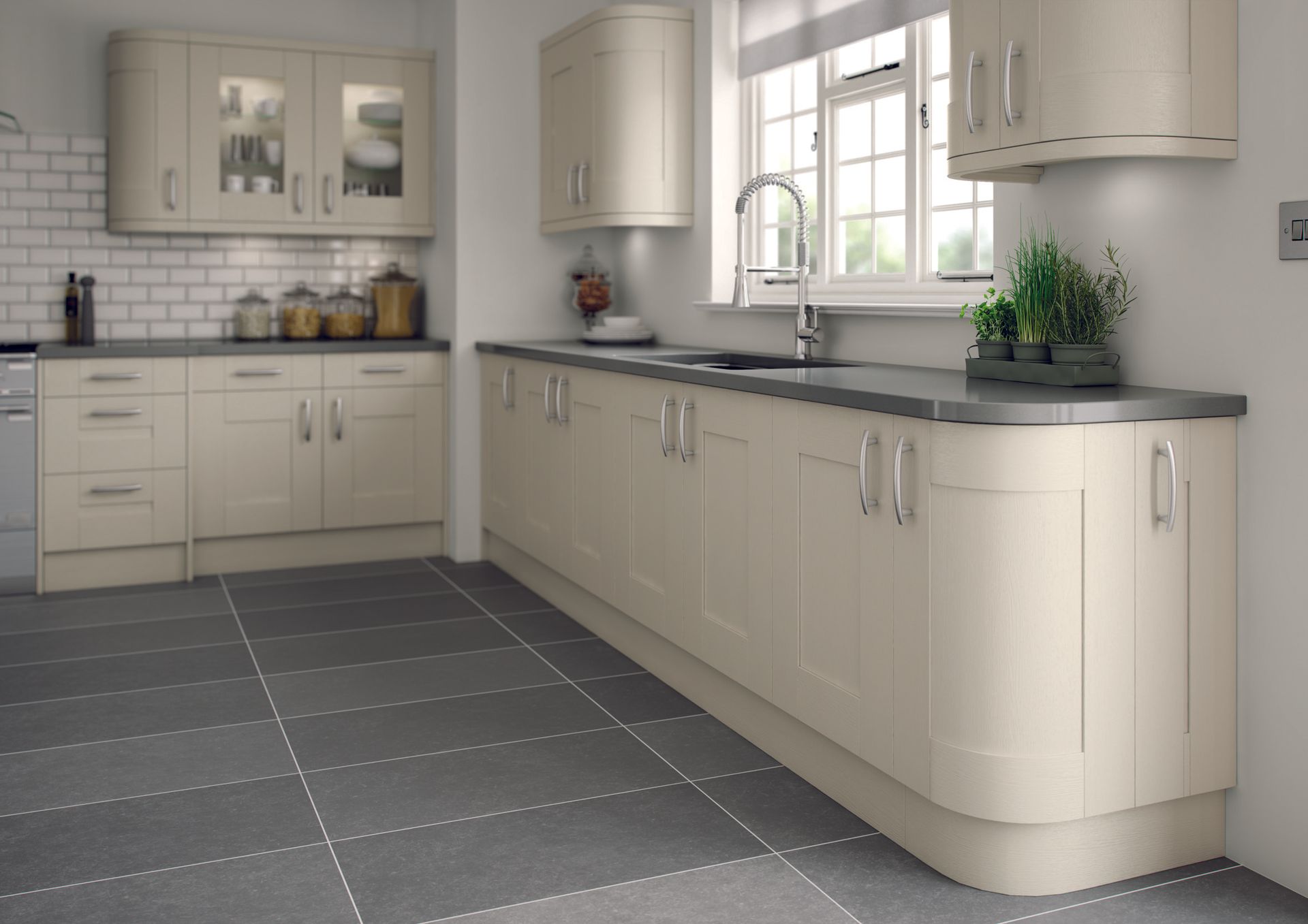 beige coloured kitchen storage area