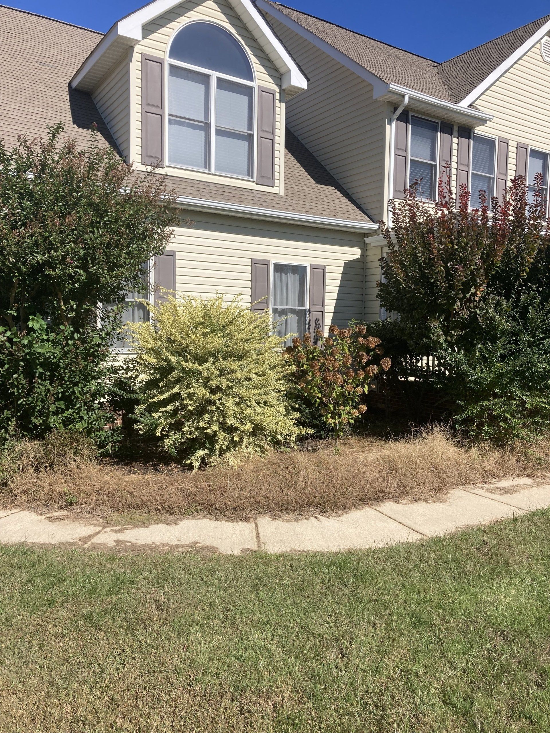 A large house with a lot of windows and bushes in front of it.