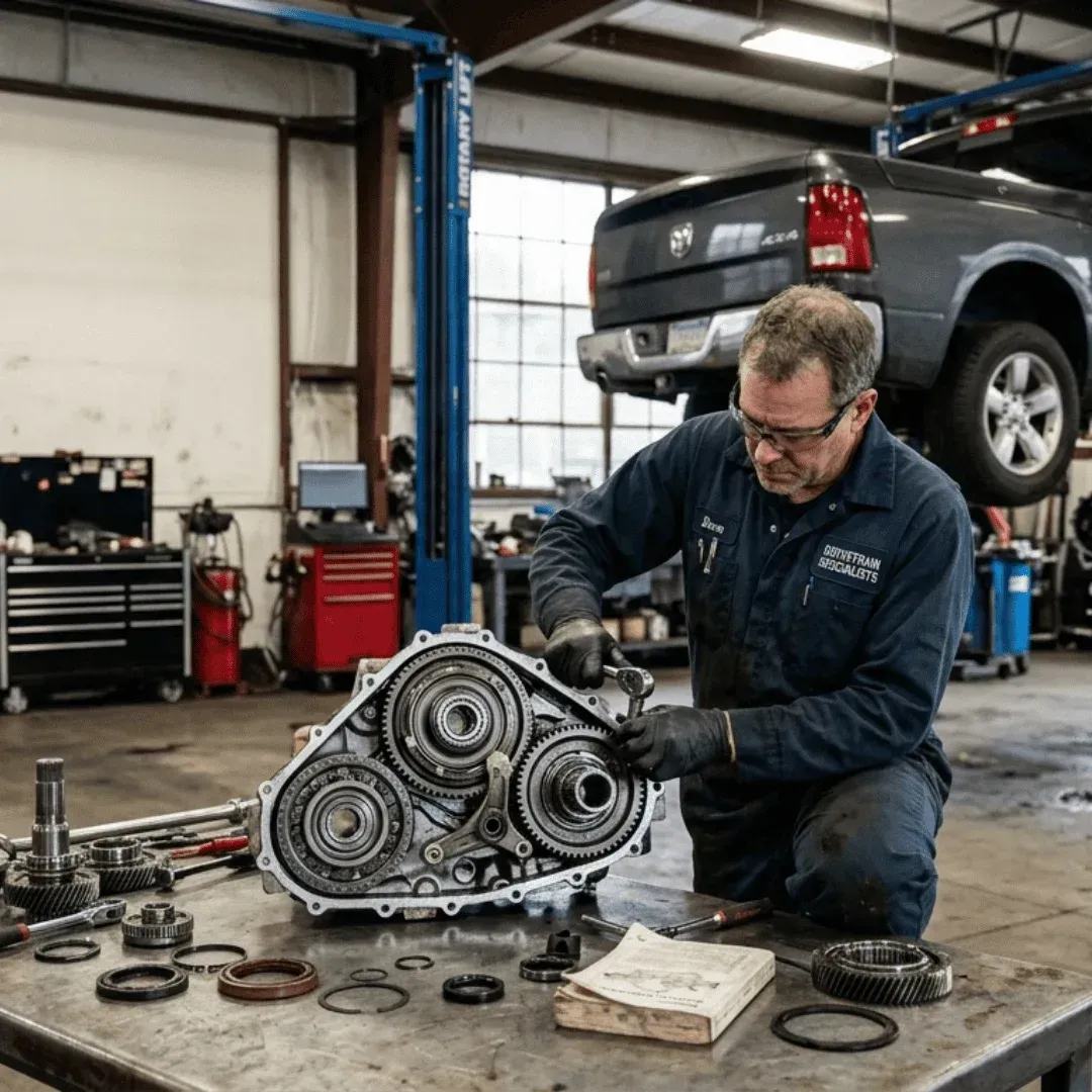Mechanic kneels by a car engine on the shop floor, working in an auto repair garage with a truck on a lift.