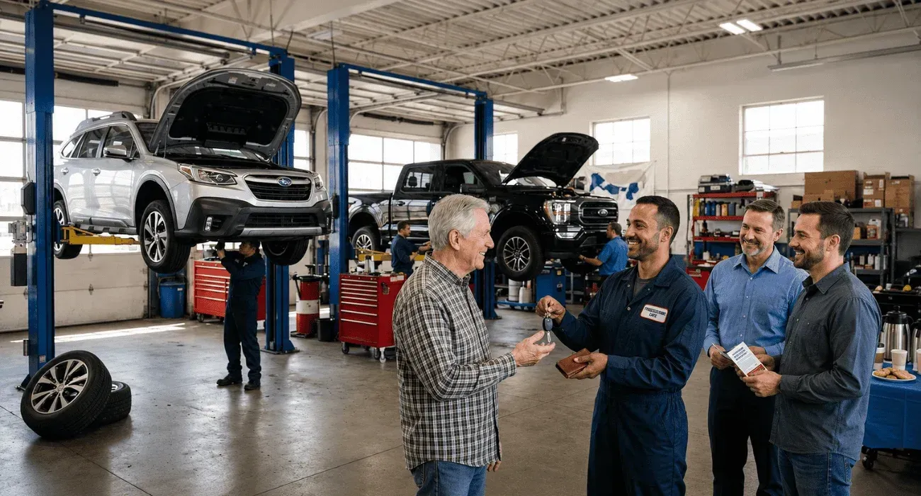 Auto repair shop with lifted cars; mechanic talks with three customers in the garage.