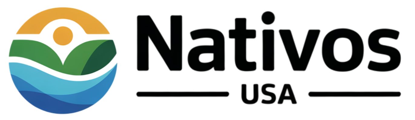 Logo for Nativos USA, featuring a circular graphic with natural elements and the company name.