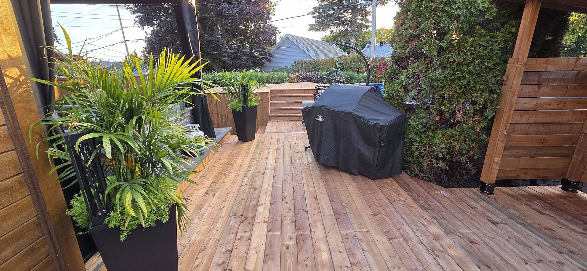 Une terrasse en bois avec un palmier en pot, un barbecue couvert et des marches menant à un jardin sous une treille.