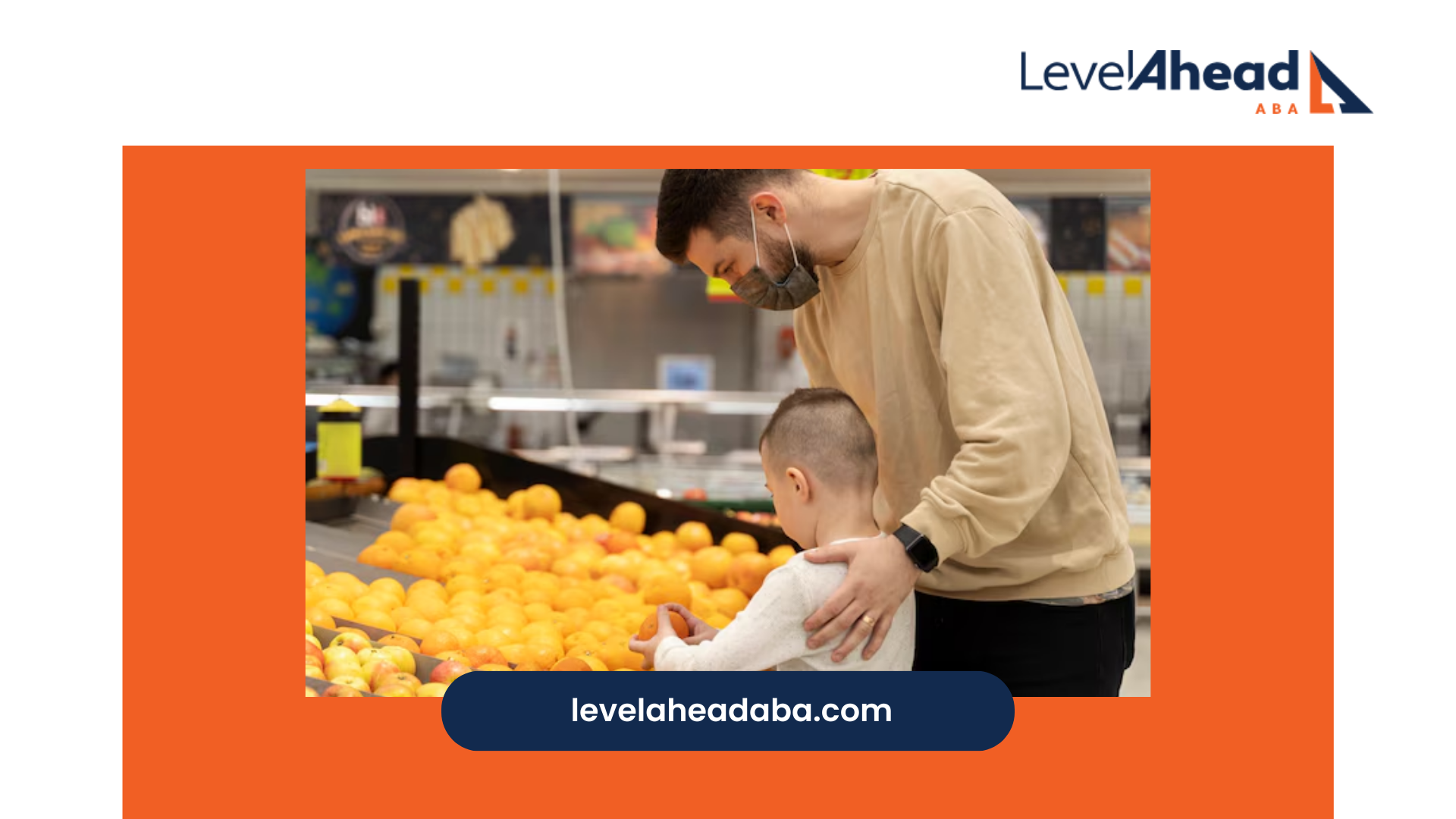 A dad and his child looking at oranges in a grocery store.