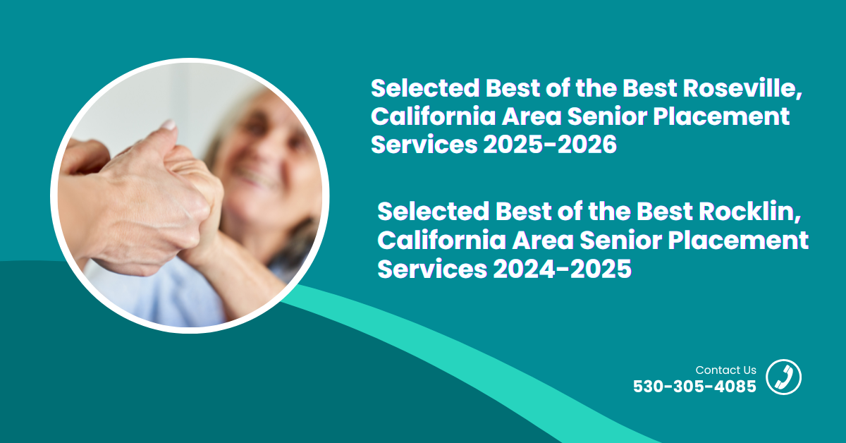 Two hands holding, senior placement services awards for Roseville (2025-2028) and Rocklin (2024-2025), California.
