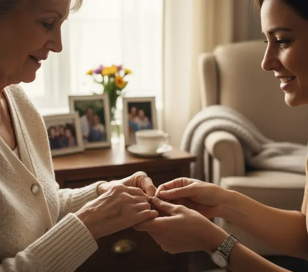 A young person helps an older person put on a ring. Interior, near a table with framed photos and flowers.