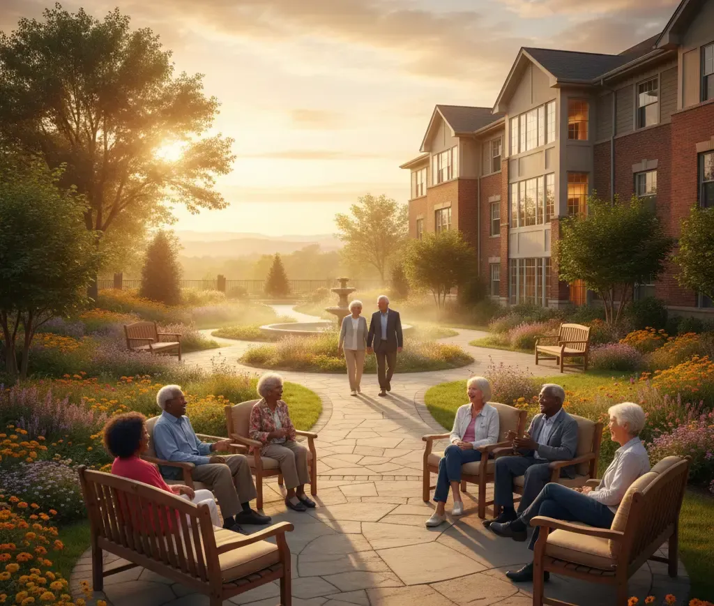Seniors relax on benches in a garden outside a brick building at sunset.