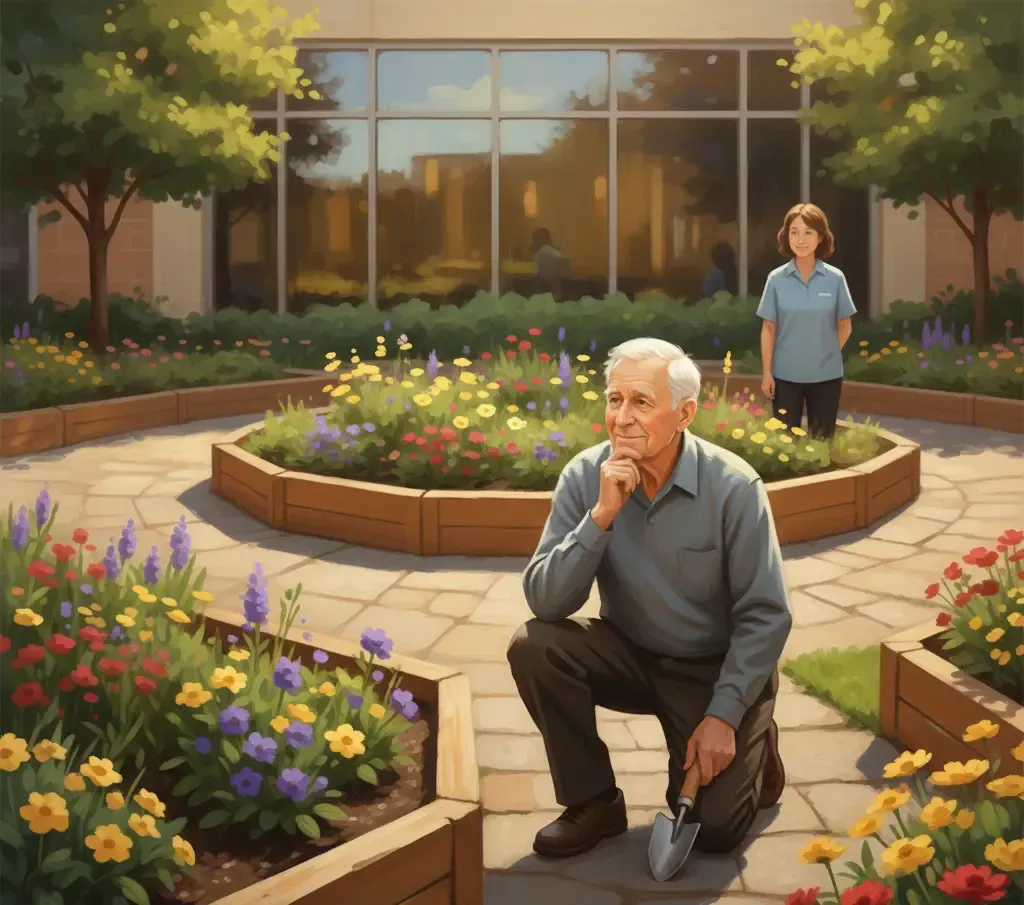Elderly person gardening in a flower garden, other person in background.