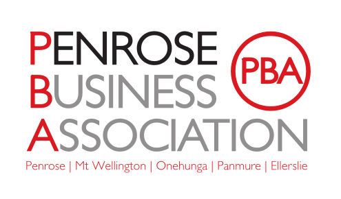 The logo for penrose business association is red and black.
