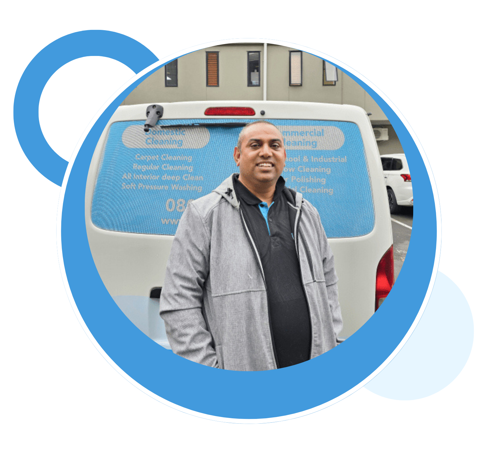 A man in a grey jacket is standing in front of a white van. A man in a grey jacket is standing in front of a white van.