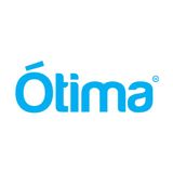 A blue optima logo on a white background