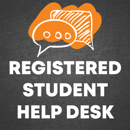 A sign that says registered student help desk on it