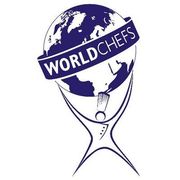 A logo for world chefs shows a person holding a badminton racket in front of a globe.