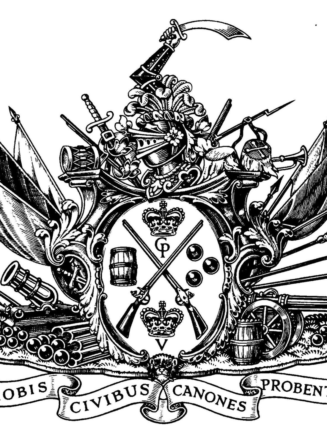 Coat of arms with weapons, flags, and Latin inscription: