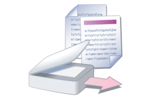 Scanner scanning two sheets of paper, pink arrow indicates digital output.