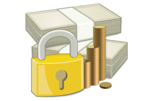 Stacks of money and coins, locked by a yellow padlock. Financial security concept.