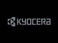 Kyocera logo: Gray emblem and text on a black background.