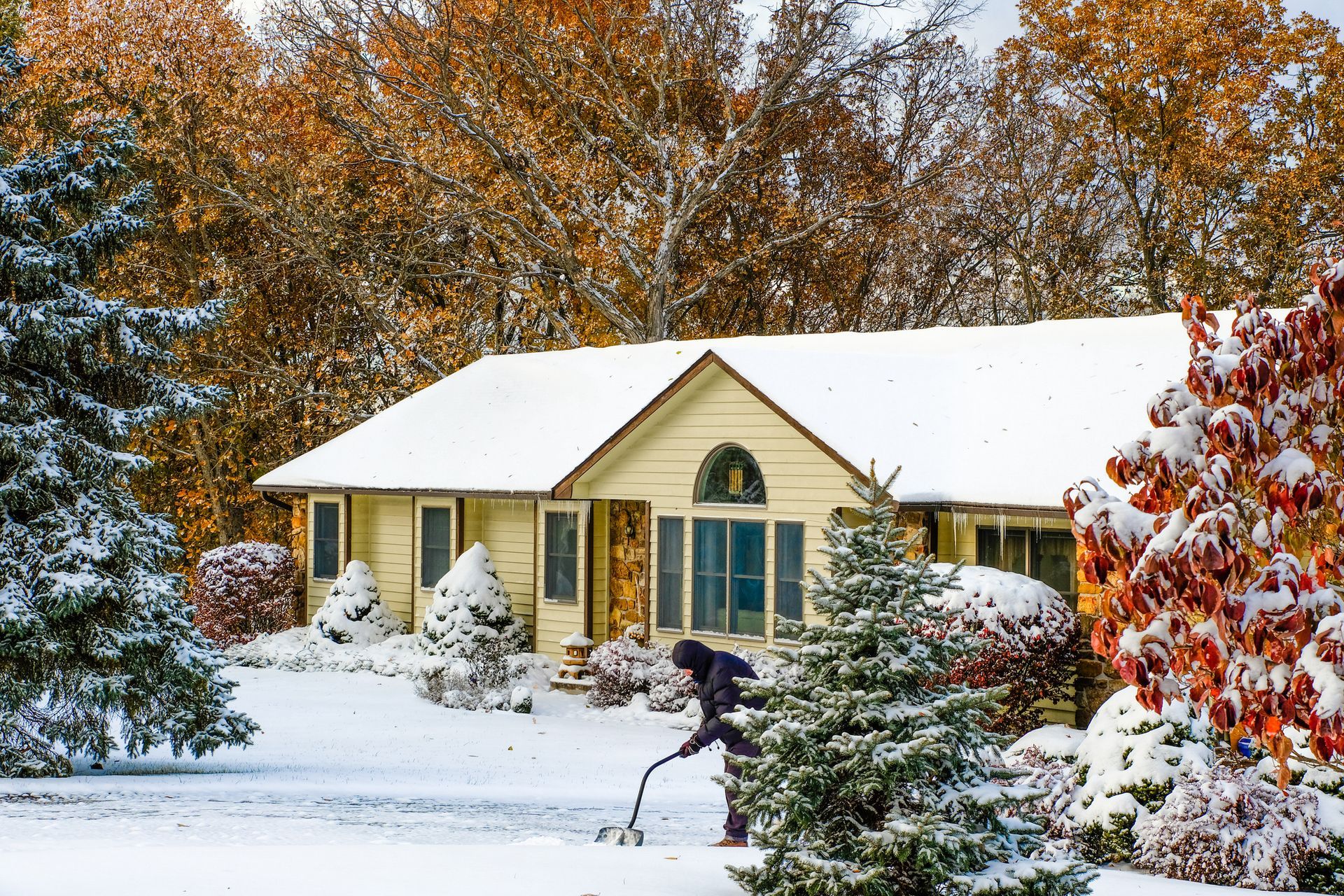 A man is standing on a ladder in a room with a shadow on the wall.