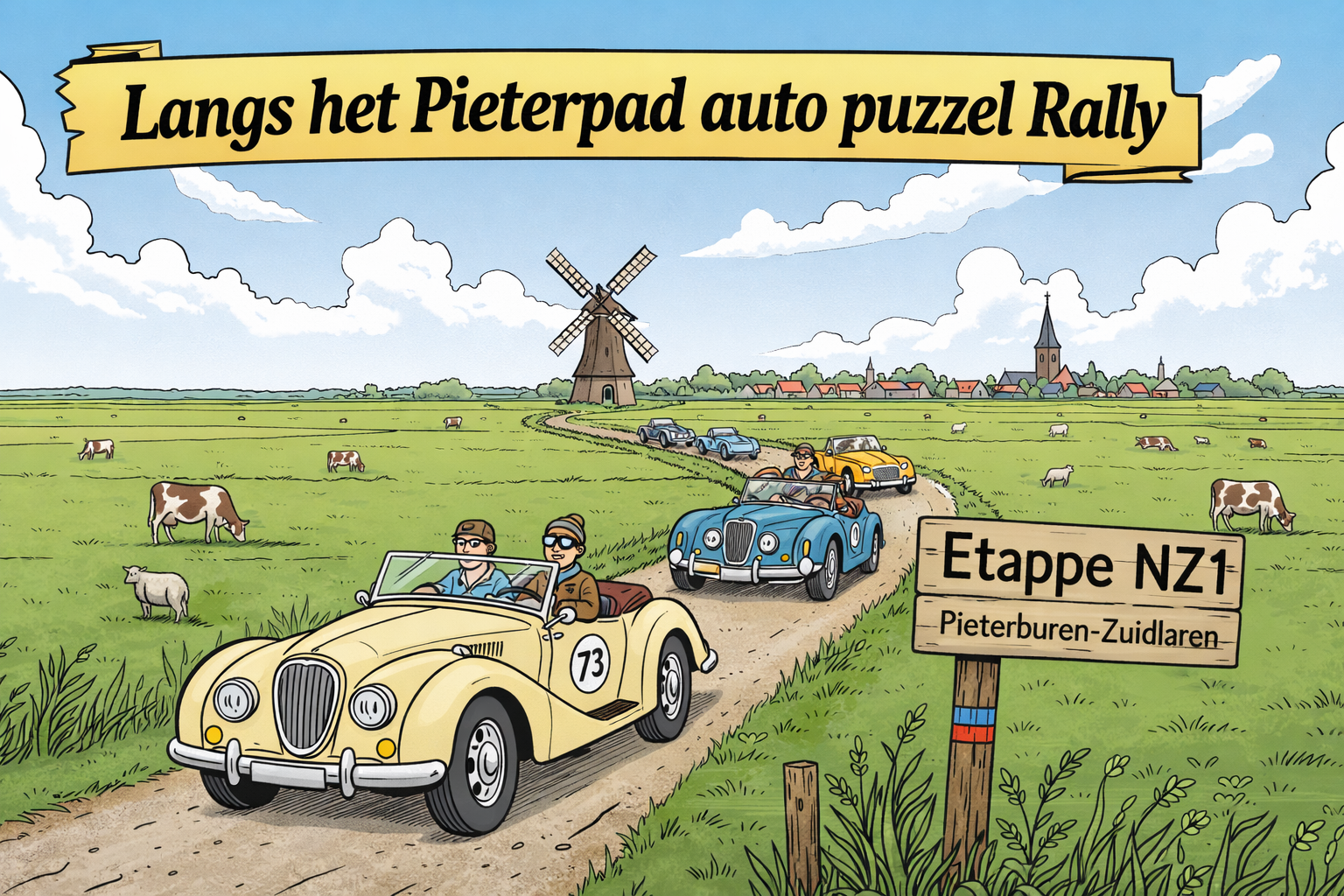 Auto's in een rally op een landweg langs een windmolen. Bord