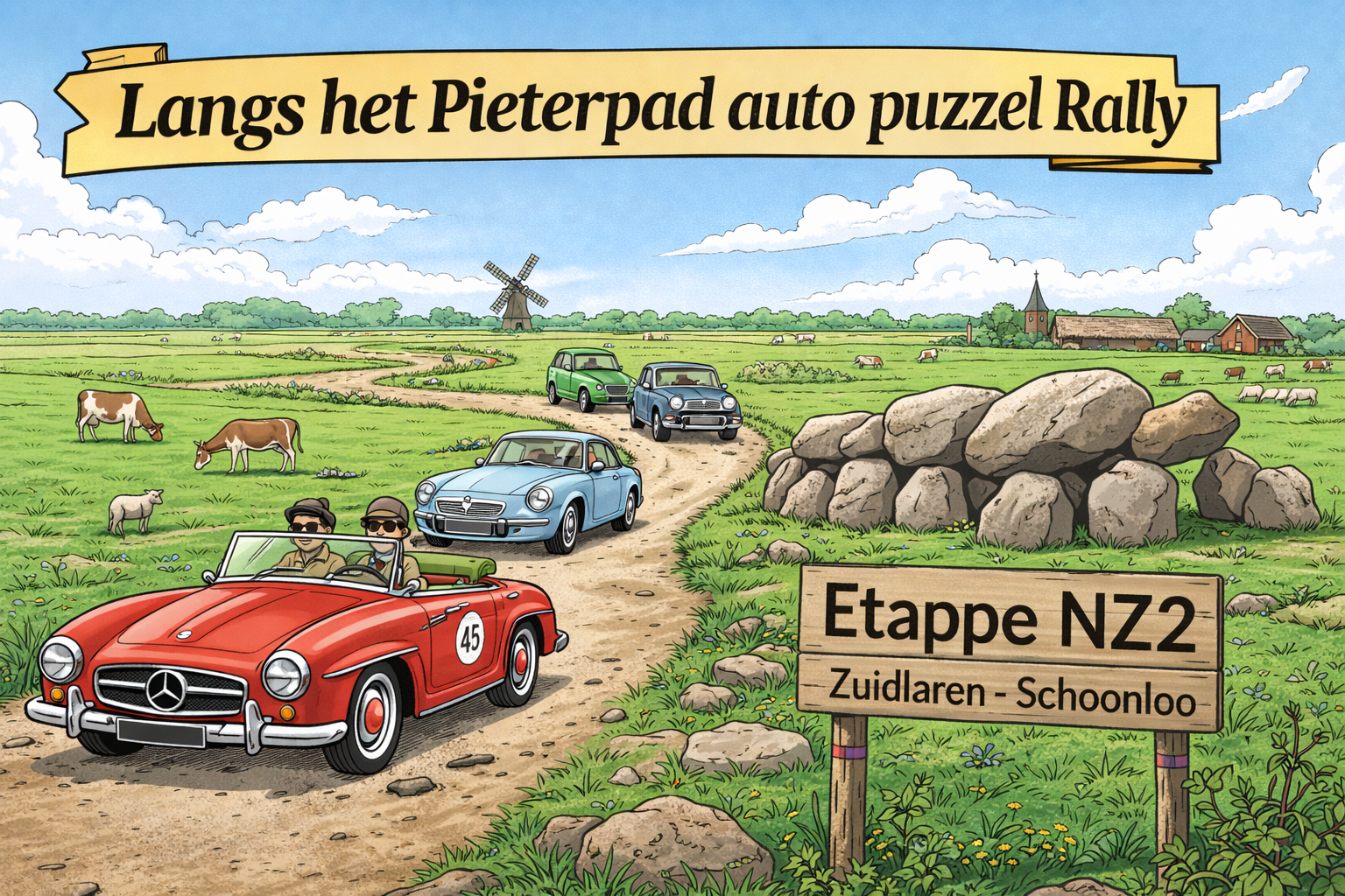 Auto's in een puzzelrally op een Nederlandse weg, langs een windmolen en een stenen monument.
