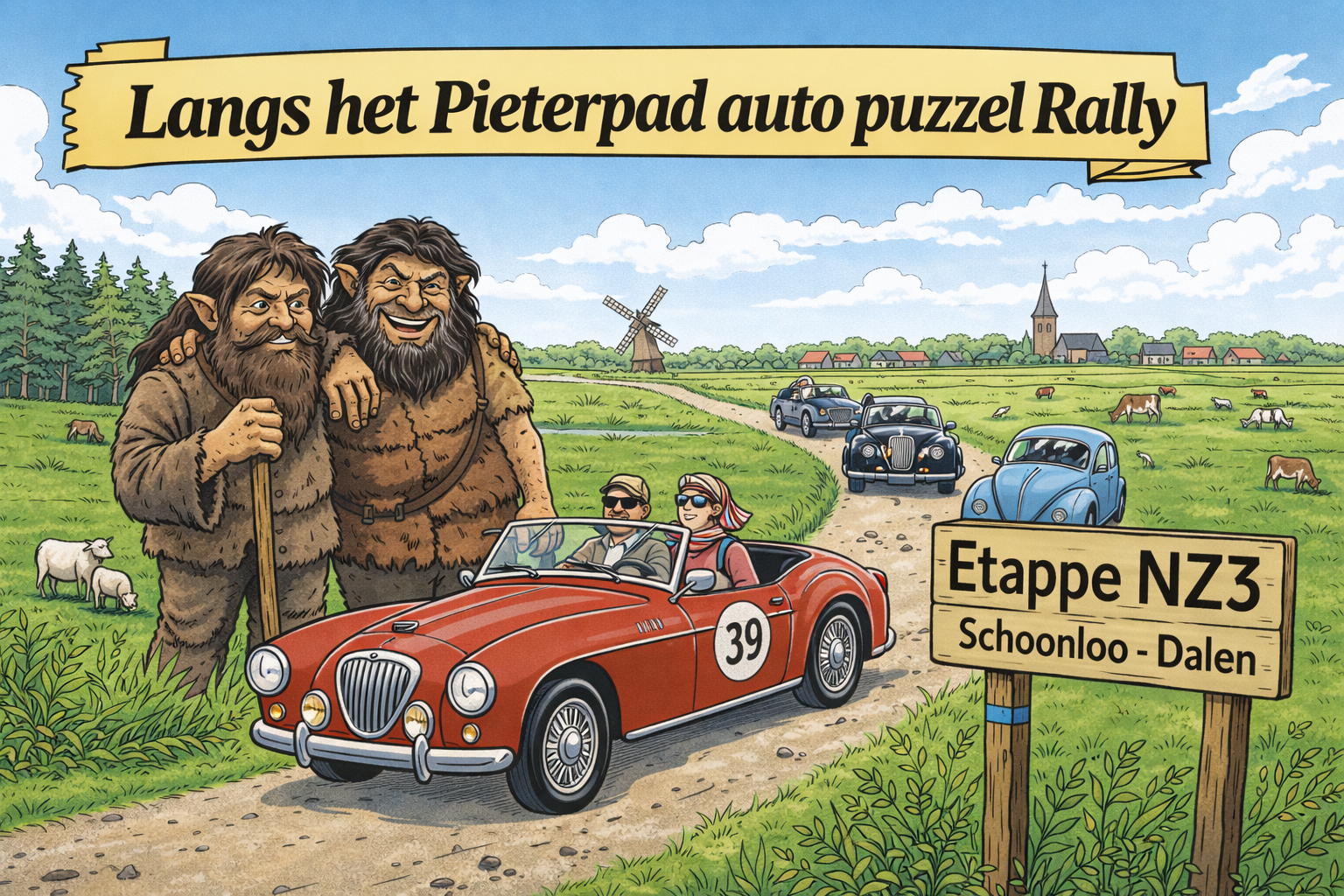 Illustratie van een autorally: Twee holbewoners met een klassieke auto op een landweg, bord