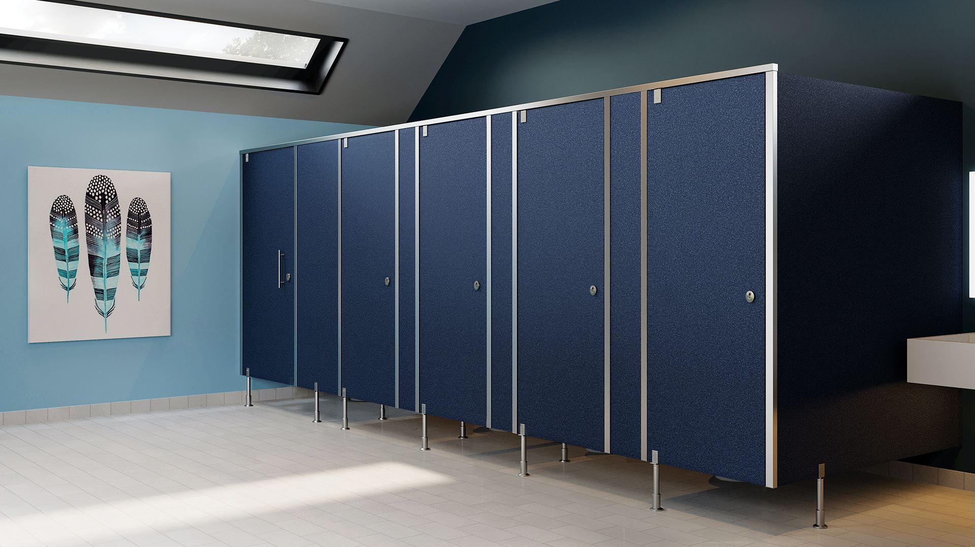 A bathroom with blue stalls and a picture of feathers on the wall