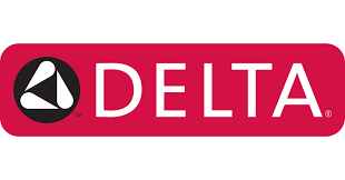 A red and white delta logo on a white background