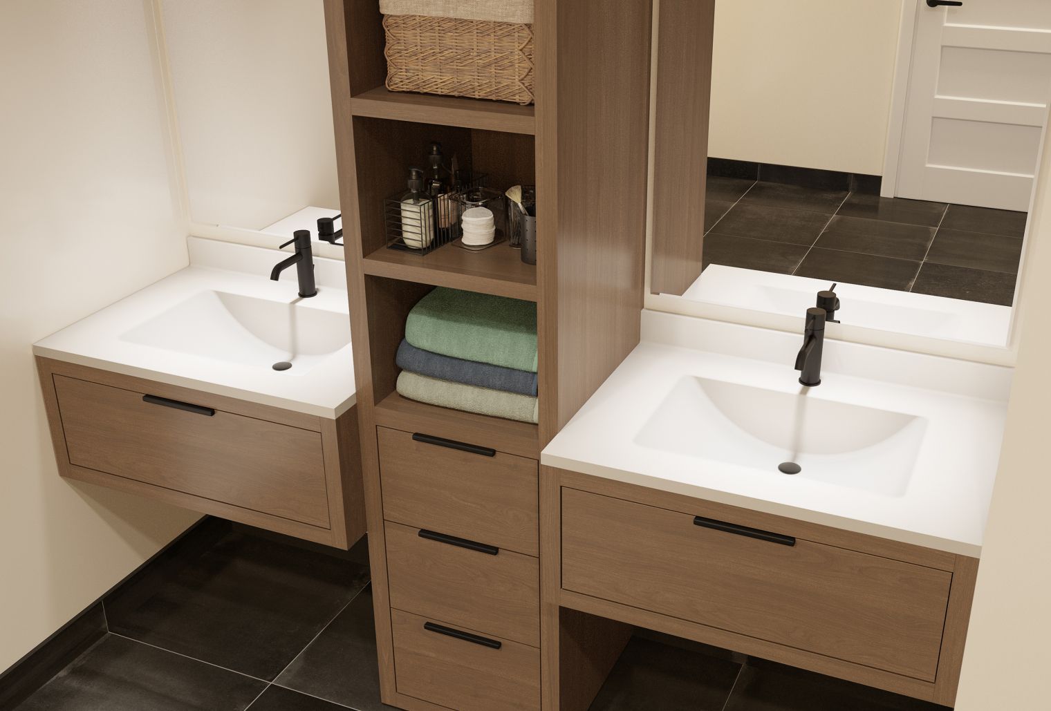 A bathroom with two sinks and a mirror.