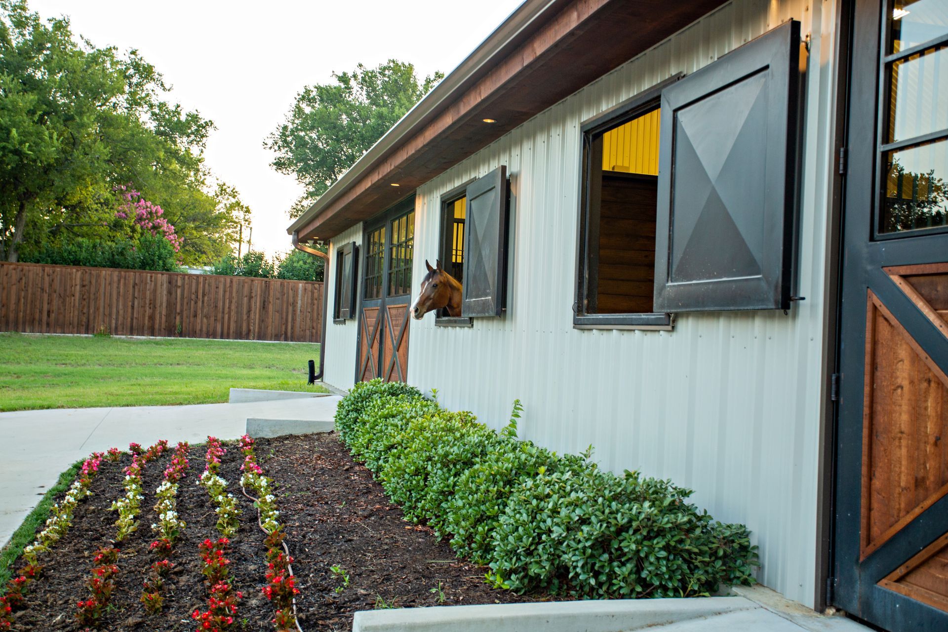 Pole barn home with a horse peeking out from a window, showcasing the versatility and charm of post-