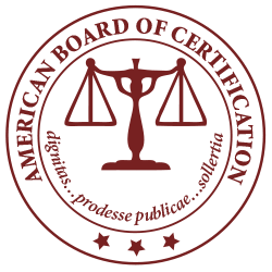 Circular seal of the American Board of Certification with a scale of justice, three stars, and Latin text in dark red.