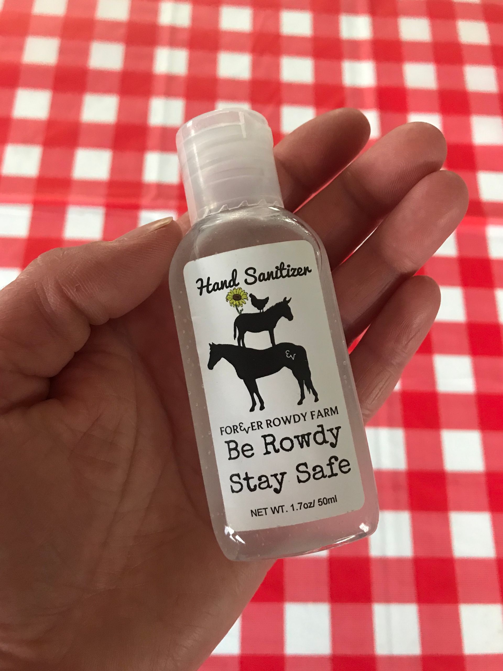 A hand holding a bottle of hand sanitizer that says be rowdy stay safe