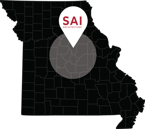 Black Map of Missouri With SAI Architecture Pinned in Columbia, MO.