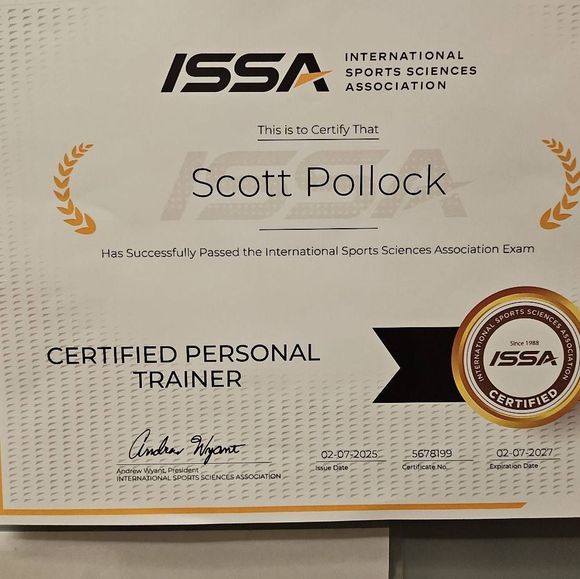Certificate for Scott Pollock as a Certified Personal Trainer from ISSA.