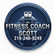 Fitness Coach Scott logo: Dark blue circle with silver text and fitness icons. Includes phone number.