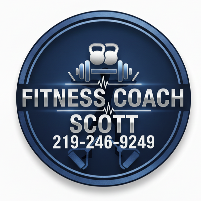 Fitness Coach Scott logo: Dark blue circle with silver text and fitness icons. Includes phone number.