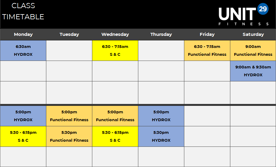 Class timetable for Unit 29 Fitness, showing class schedules from Monday to Saturday, with HYDROX, B&C, and Functional Fitness classes.
