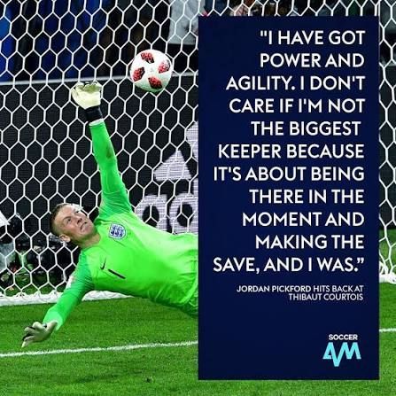 Soccer player Jordan Pickford making a save, with quote: 