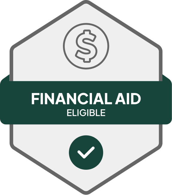 Badge: Financial Aid Eligible, blue banner, building icon, dollar sign.