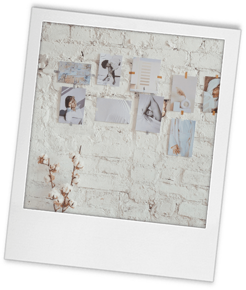 Headshot Tip 2 polaroid of a white brick wall with inspo photos taped on it