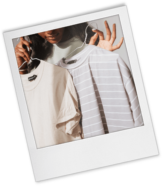 Headshot tip 4 polaroid of a woman choosing between a plain shirt and a striped shirt