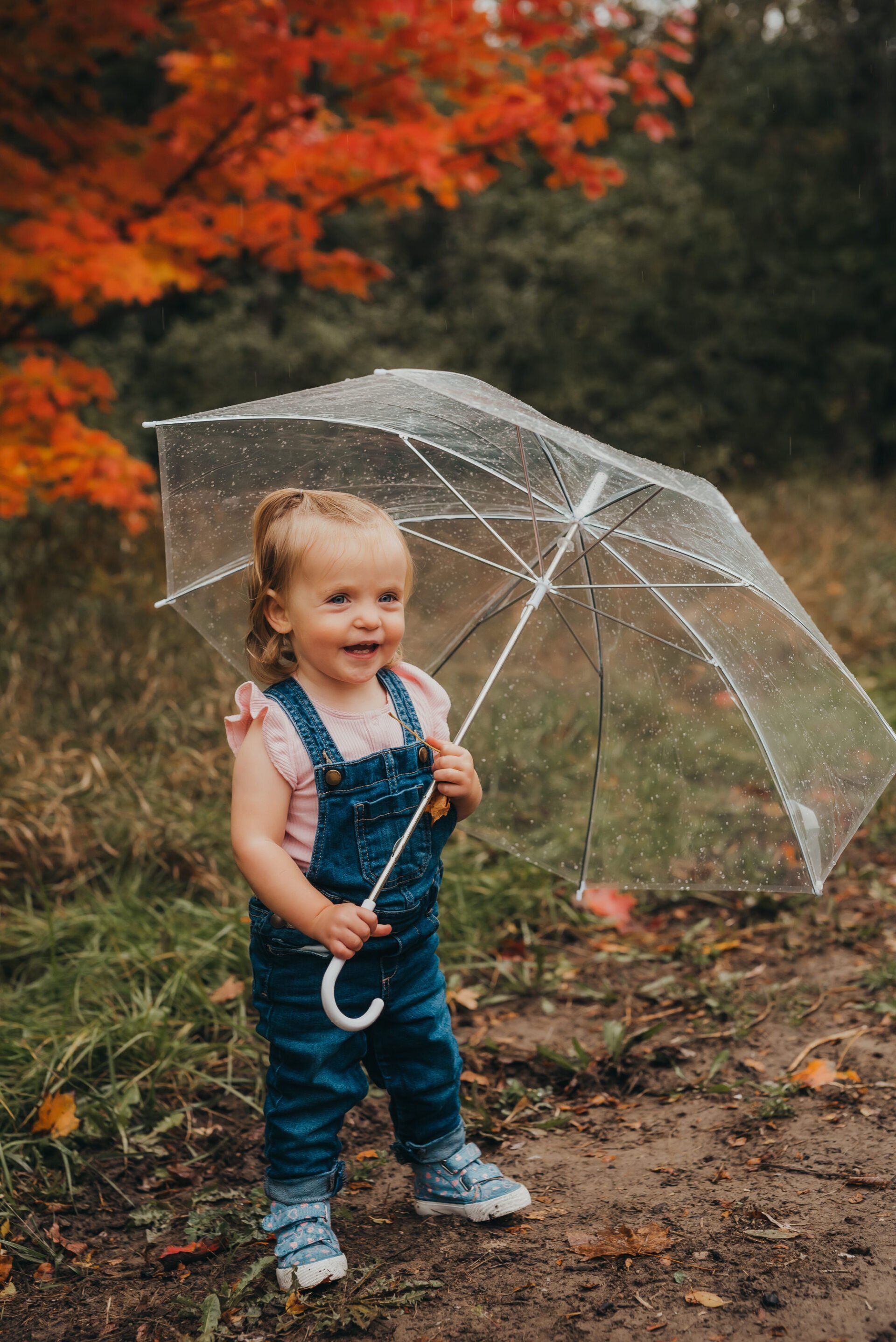 Toddler holding umbrella standing beneath tree will fall colored leaves