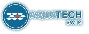 The logo for aquatech swim is blue and white